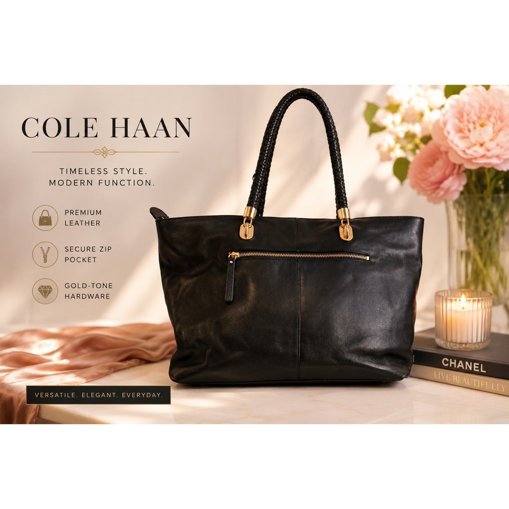 Cole Haan Black Pebble Leather Braided Handle Shoulder Tote Bag Gold Hardware